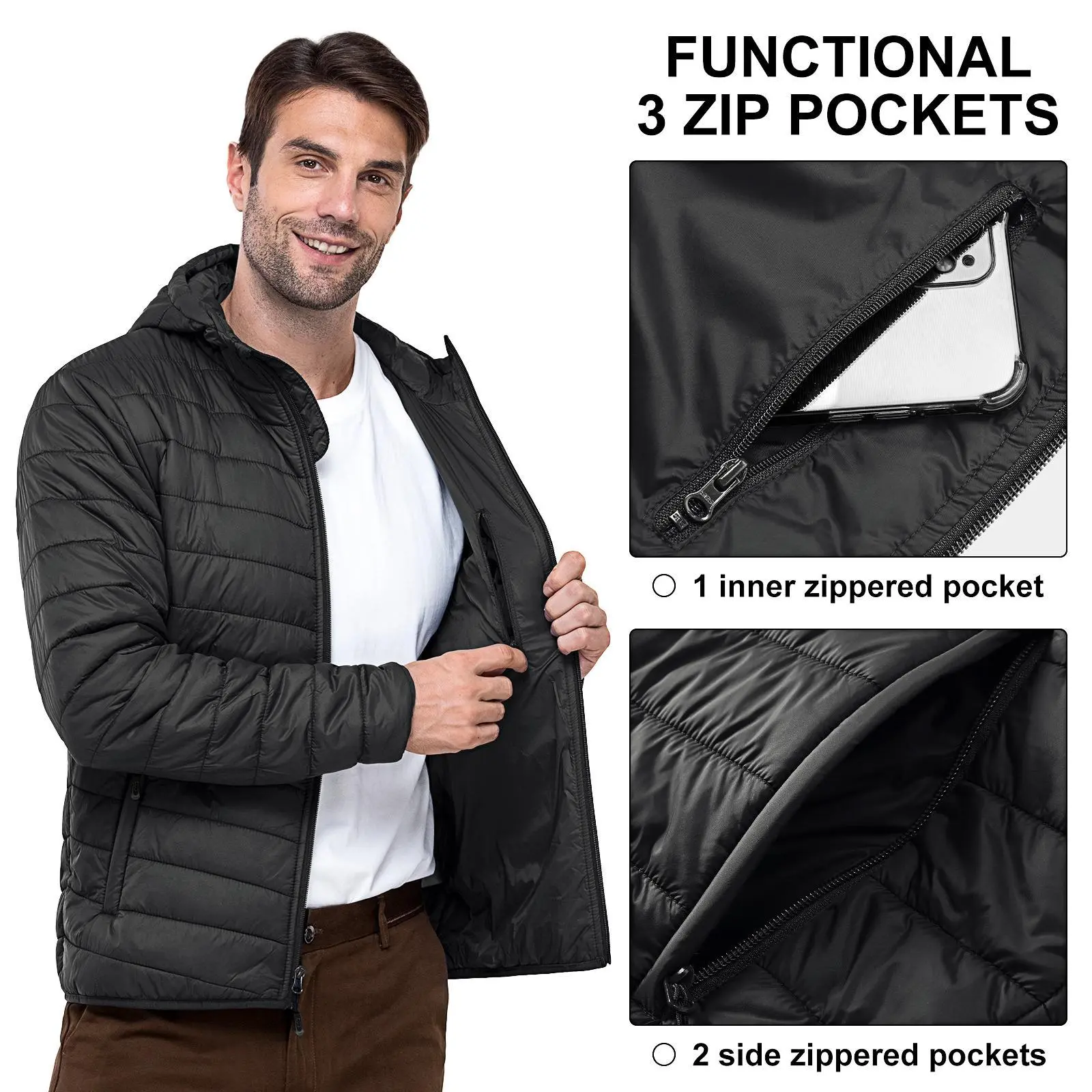 33,000ft Men's Lightweight Packable Insulated Hooded Zip Pocket Puffer Winter Jacket - Nylon-Polyester Soft Fabric, Water-Resistant Down-Alternative Long Sleeve Outdoor Work Coat