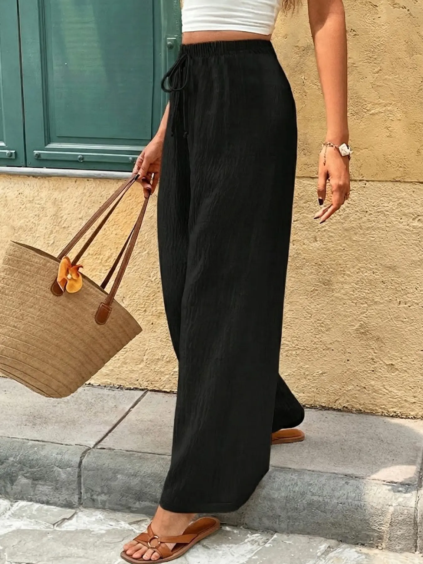 Women's French Style Minimalist Basic Casual Solid Color Long Pants, Casual Fitted Trousers, Drawstring Waist Adjustable Linen Beach Pants, Elegant Spring Summer Fashion, Womenswear