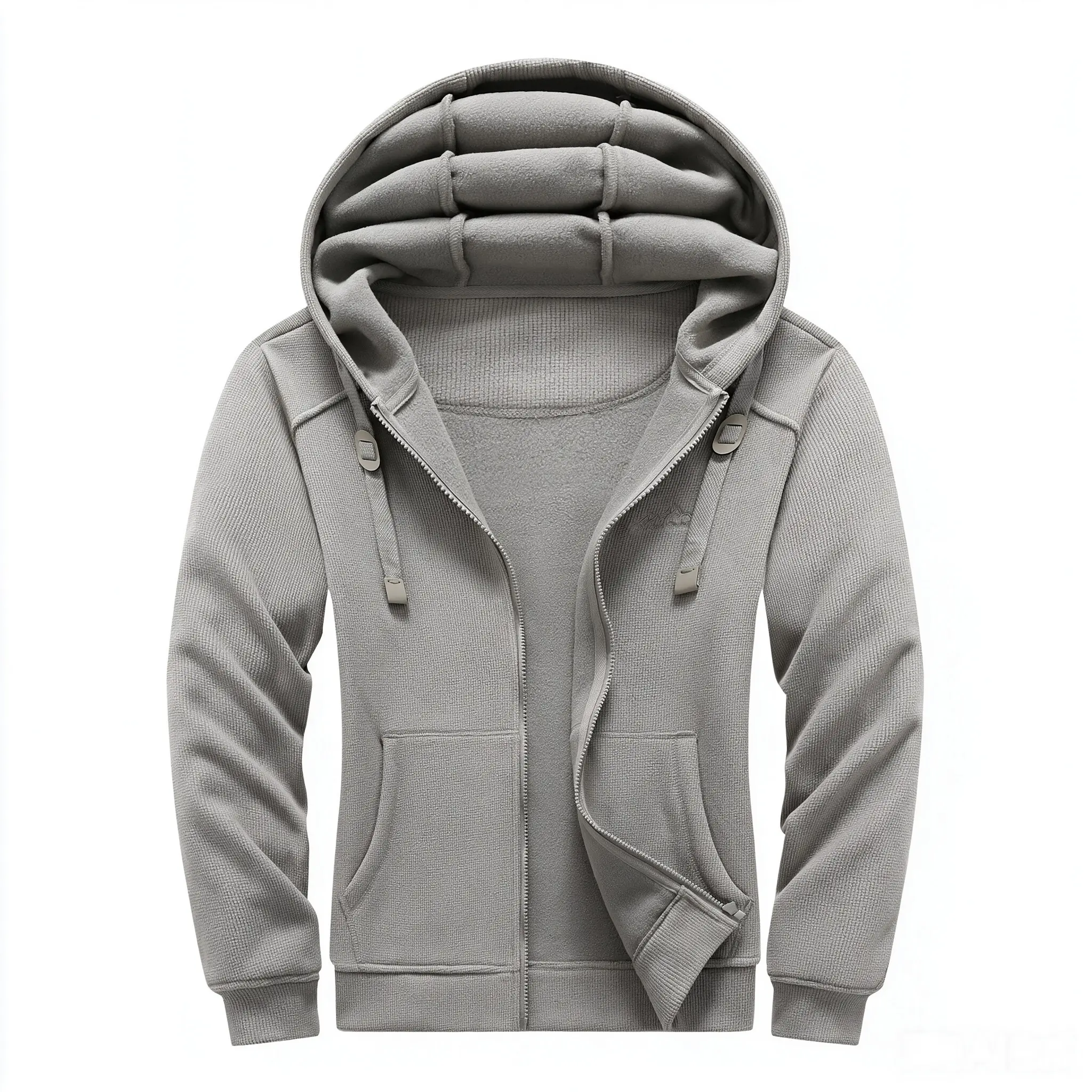 Men’s waffle knit sherpa fleece hooded zip up jacket – waffle textured exterior, thermal sherpa lining, full zip closure, zippered hand pockets, drawstring hood, ribbed cuffs & hem, multicolor, American outdoor techwear casual jacket for fall/winter commu