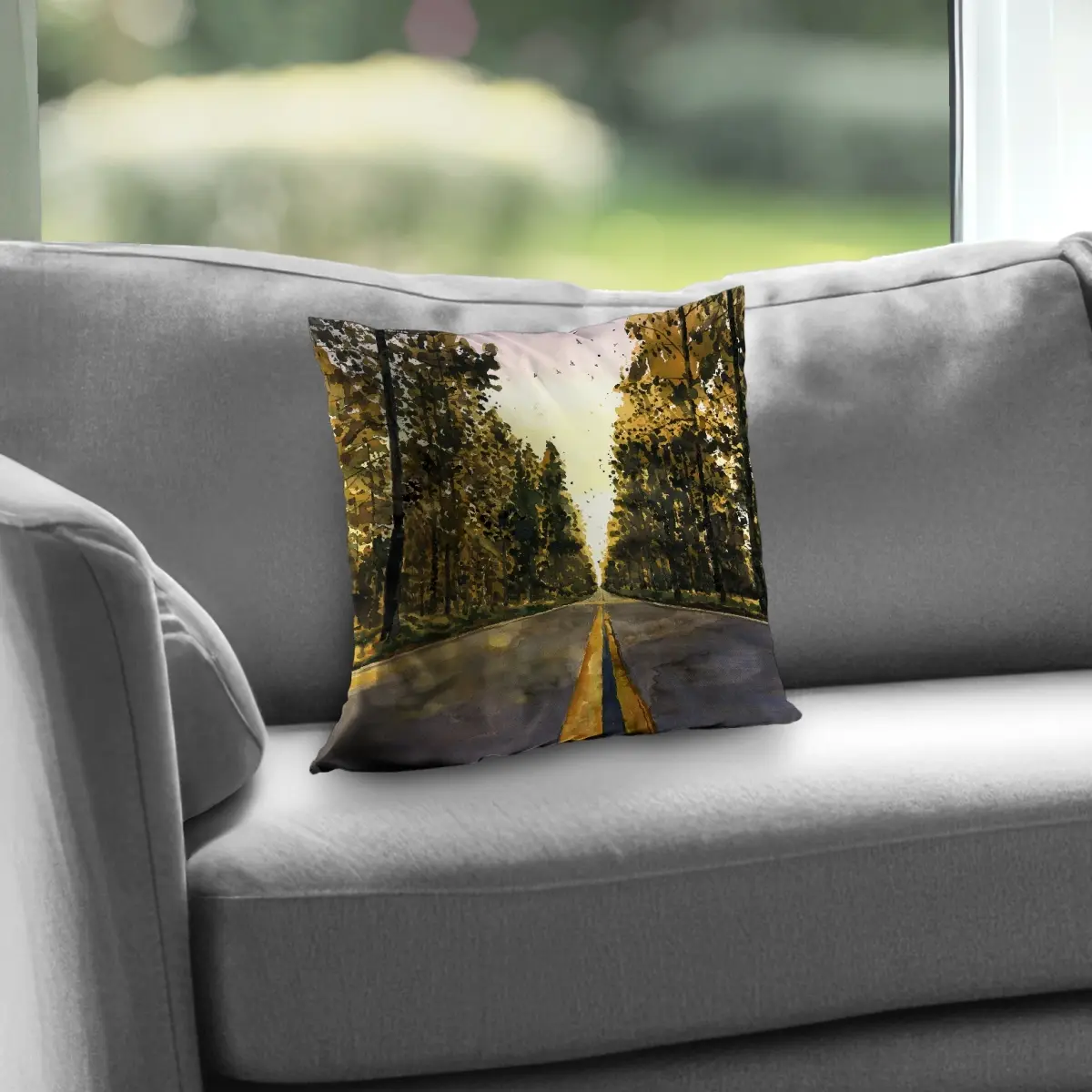 14x14 in. Long Road Yellow Poly Twill Throw Pillow with 360 Stand - Bird Motif, Nature Theme, Home Decor, Indoor/Outdoor Use, Plush Insert, Twill Weave Polyester Fabric, Soft Cushion