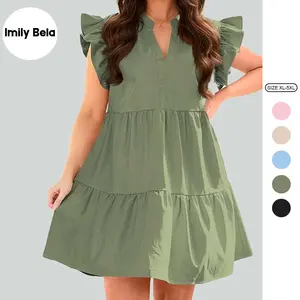 Imily Bela【XL-5XL】 Plus Size Dresses for Women Summer Ruffle Short Sleeve V Neck Dress Tiered Swing A Line Babydoll Mini Dress