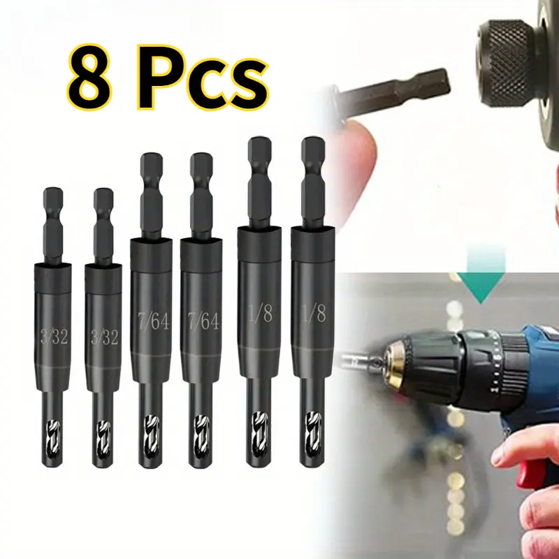 8 Pcs Self-Centering Drill Bit Set - 1/4 in Clic-Change Hex Shank, Metal, CC2430, Easy to Install for Woodworking Cabinet & Door Hinge Drilling Pilot Holes, Home Improvement Building Supplies