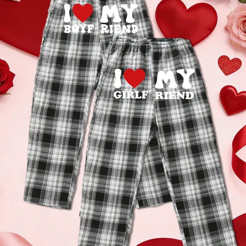 Valentine's Day Unisex Casual Plaid Sleepwear Pants Set, Soft Comfortable Fitted Elastic Design, All Seasons Wear, 2 Piece Pack, Loungewear, Homewear, Comfy Pajamas, Pajama Set, Lounge Pjs Set