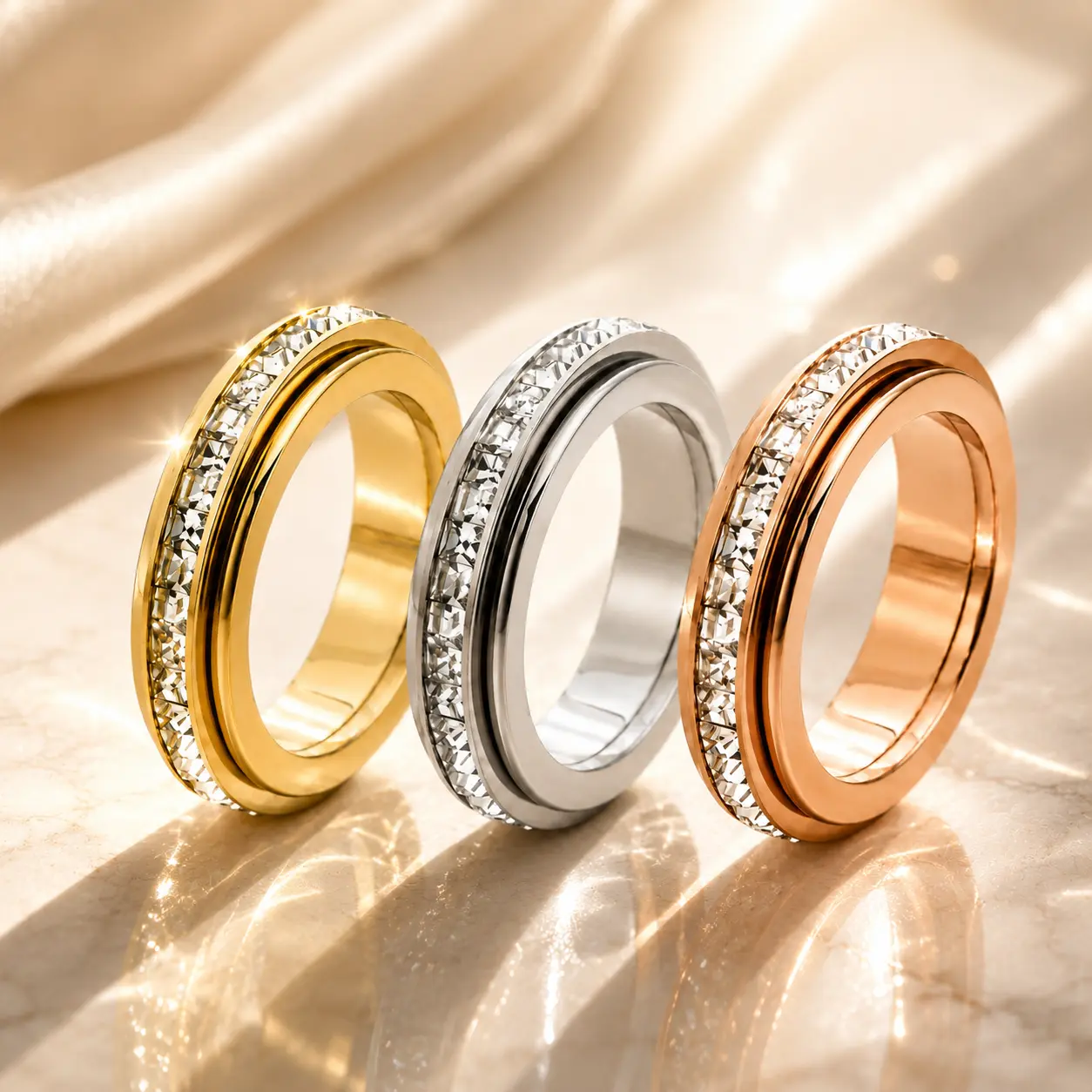Titanium Steel Spinner Ring for Women and Men, Rotating Fidget Band with Sparkling Detail, Comfort Fit Unisex Promise Ring, Sizes 5–12