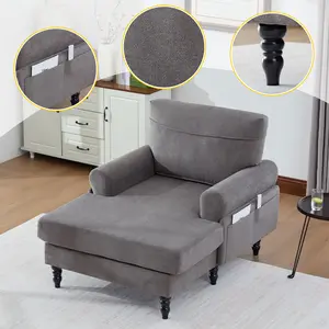 Oversized Chaise Lounge Chair for Reading, Modern Minimalist Chenille Sleep Chair with Extra Wide Seat, Comfortable Backrest and Storage Side Pockets for Living Room, Bedroom, Study Room