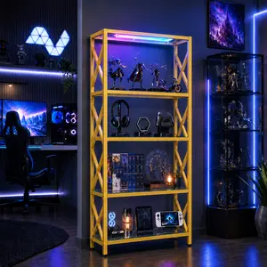 RGB Gaming Display Shelf – Multi‑Layer Corner Shelf with Music Sync LED Lights, Remote Control, Acrylic Shelves & Metal Frame, Space‑Saving Display for Collectibles