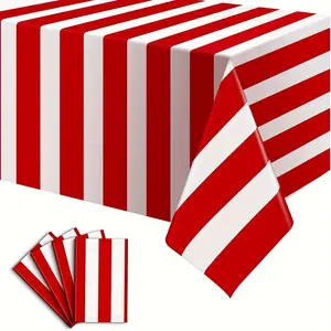 4 Pack Red and White Striped Tablecloth, 54 x 108 Inch Waterproof Disposable Plastic Table Cover, Rectangular Table Cloths for Birthday Christmas Carnival Circus Theme Party Decoration