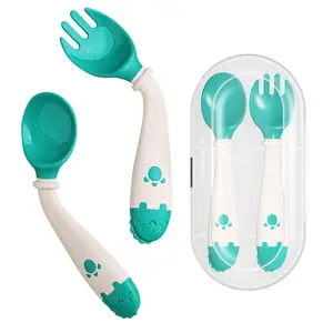 Toddler Utensils, Self-feeding Flatware Set withTravel Case, Baby Spoons and Forks with Silicone Bendable Handle, Easy Grip Heat-Resistant, Ideal  Kids, Stage 2 Green