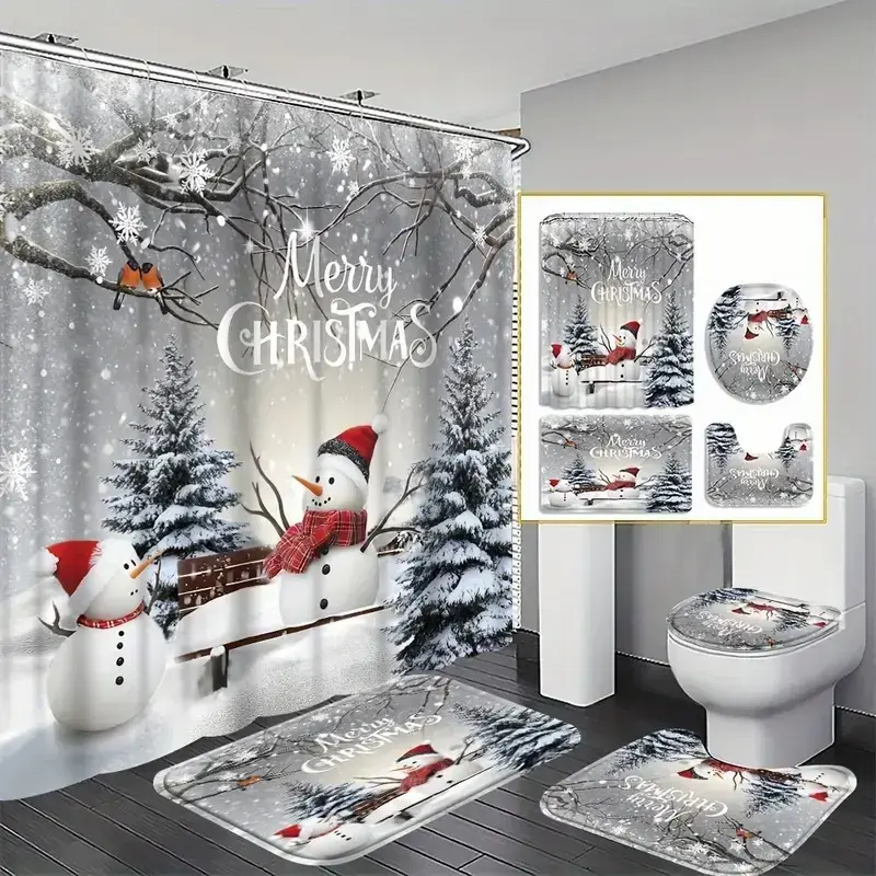 Christmas Snowman Decorative Shower Curtain Set (4 Items, Bathroom Decor) – Includes Toilet Floor Mat, 12 Hooks, Ideal Housewarming Gift for Modern Home Bathroom Supplies, Four Items