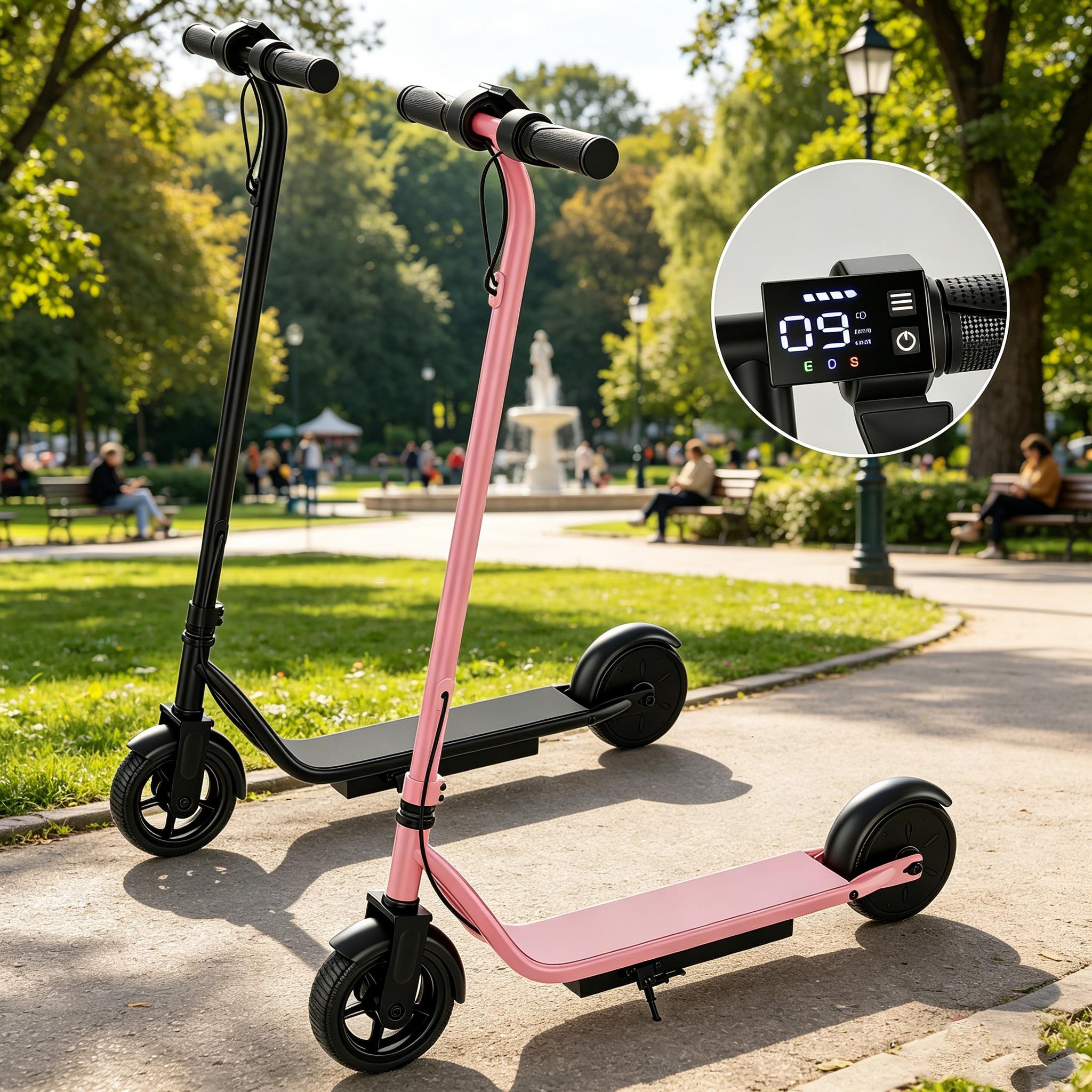A Kids Electric Scooter with 250W Motor 3 Speed Modes Up to 9 MPH 6.5" Solid Tires Lightweight Safe Stable Ride for Boys Girls Outdoor Fun