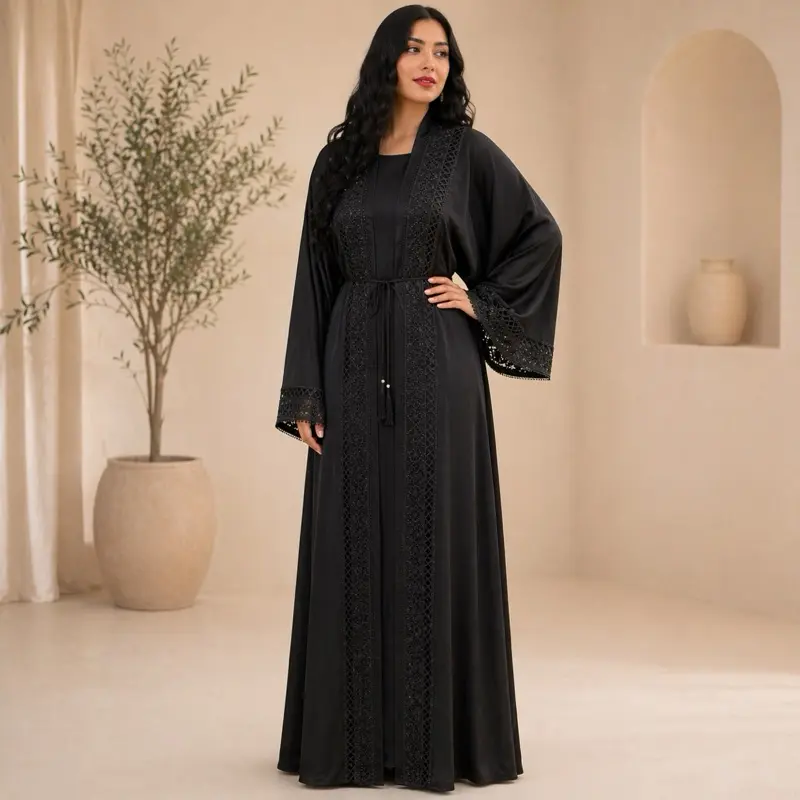 Dubai Abaya - Two Pieces Black Abaya with Sparkling Detailing for Elegant Subtle Shine Dubai Abaya - Two Pieces Black Abaya with Sparkling Detailing for Elegant Subtle Shine