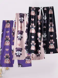 3-Pack Women's 7/8 Sleep Pants, Bow Print, Plus Size Bear Cartoon, Summer Loose Fit, Casual Home Wear, Lightweight Comfortable