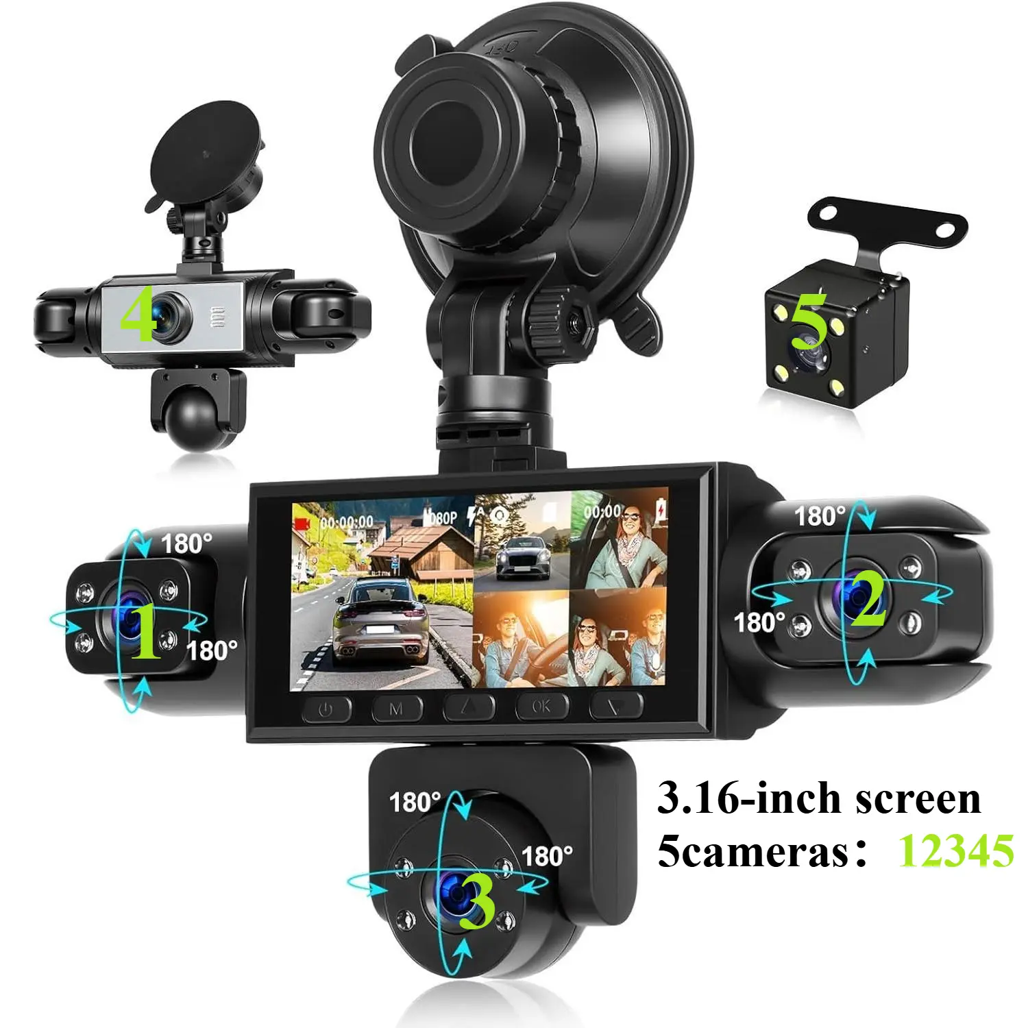 5-Lens 、 3.16-Inch 1080P Car Camera, Loop Recording, Reversing Assistant, 24-Hour Monitoring, Easy Installation, Plug-and-play, non-rechargeable，not included memory card, Hd Car Camera, Cars