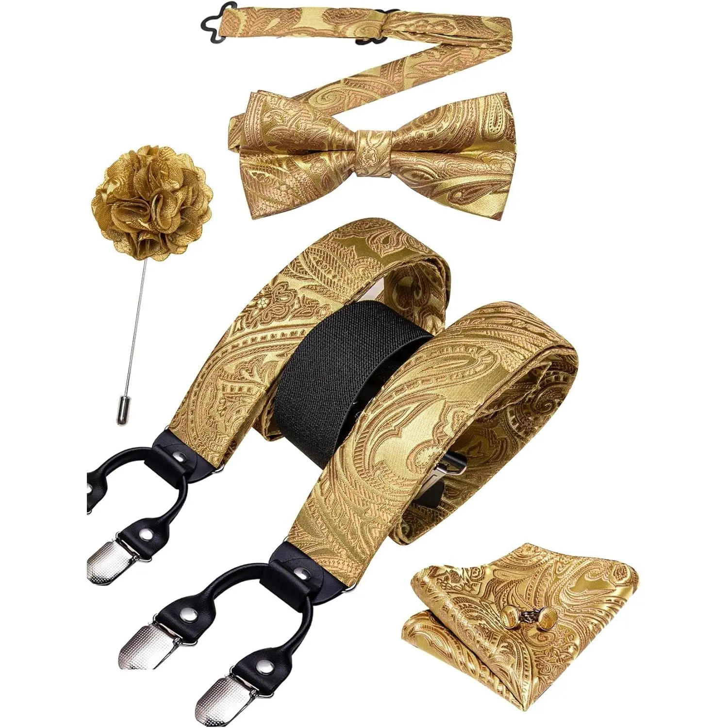 Men's 6-Piece Paisley Suspenders and Bow Tie Set with Bow Accent - Formal Silk Y-Back Braces with 6 Clips, Handkerchief, Cufflinks & Brooch