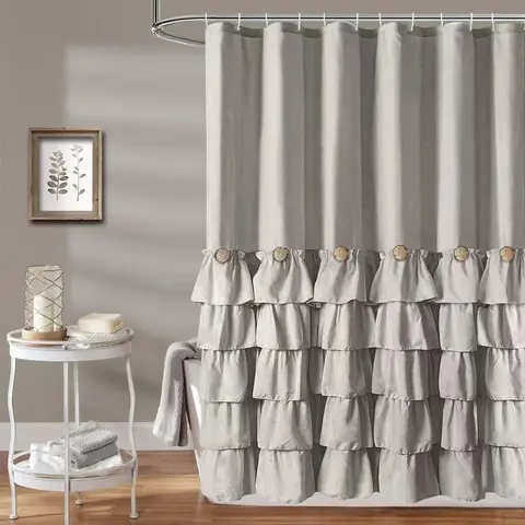 Solid Color Ruffle Trim Shower Curtain, Woven Layered Ruffle Design Shower Curtain with Natural Button Accents, Machine Washable Polyester Bath Curtain, Ruffled Shower Curtain, Shower Curtains Washable, Bathroom Decor