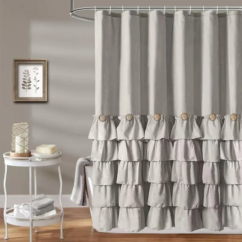 Solid Color Ruffle Trim Shower Curtain, Woven Layered Ruffle Design Shower Curtain with Natural Button Accents, Machine Washable Polyester Bath Curtain, Ruffled Shower Curtain, Shower Curtains Washable, Bathroom Decor
