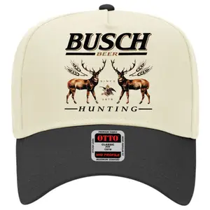 Busch Beer Hunting Baseball Cap - Vintage Deer Graphic Outdoors Hat - Cream & Black Two-Tone Mid-Profile Cap
