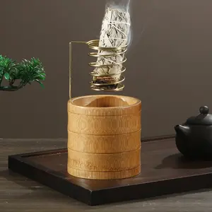 Eco-Friendly Bamboo Palo Santo Stick Holder with Metal Burner, Sage Stand with Ash Tray, Ideal for Meditation Yoga Spa Use