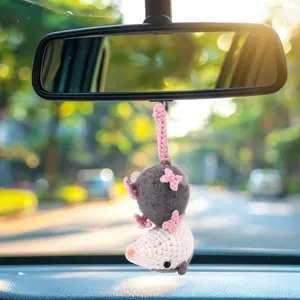 1 Pc Handmade Crocheted Possum Hanging Ornament - Adorable Pink Paw Accents Swinging Design, Car Rearview Mirror & Dashboard Decor, Perfect Holiday Gift for Halloween Christmas Easter Thanksgiving
