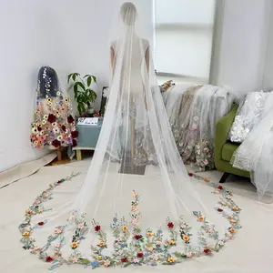 3d floral embroidery colorful veil,vibrant romantic wedding veil,delicate botanical veil for special day