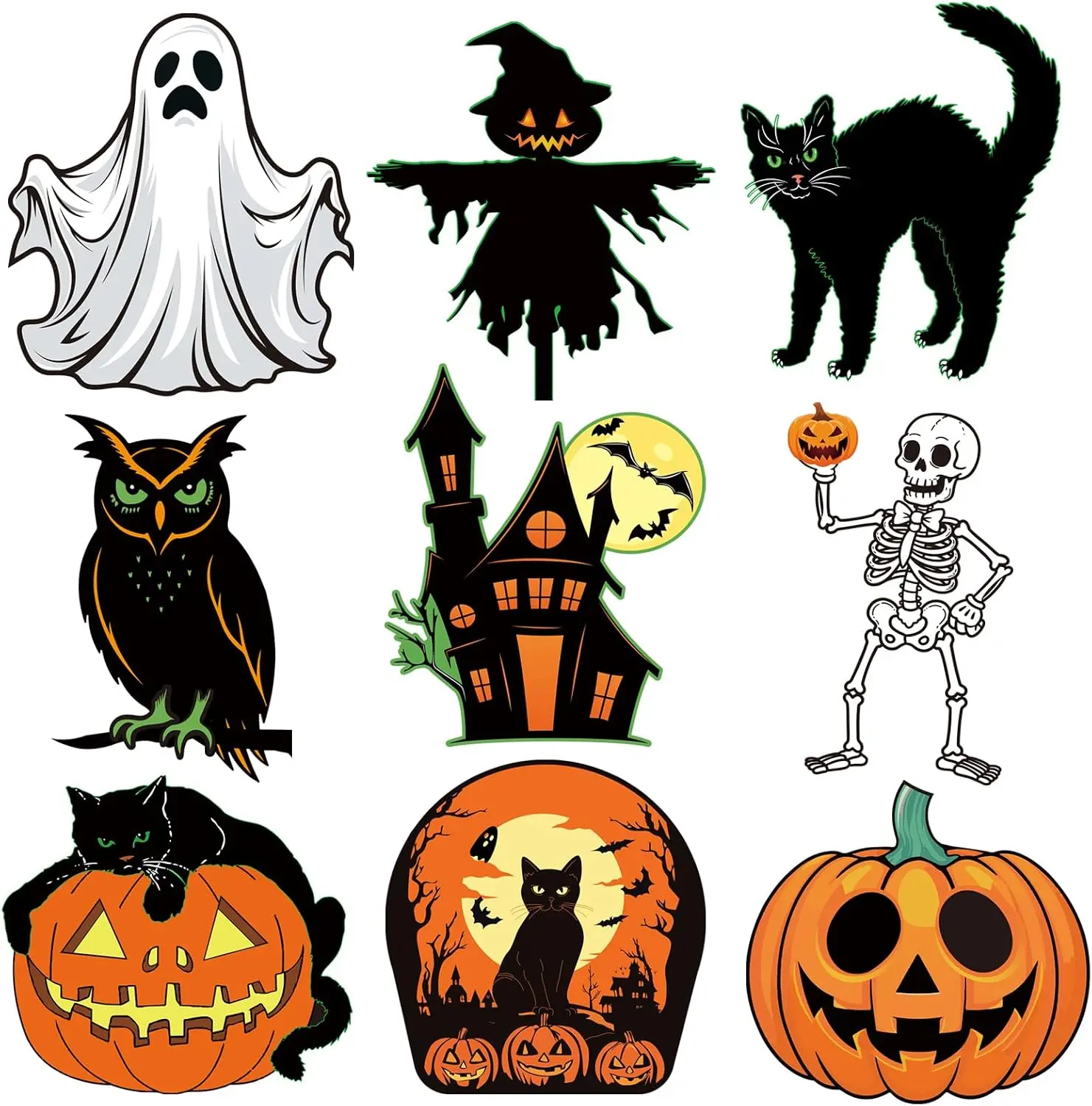 Large Size Vintage Halloween Decorations Double-Sided Halloween Cutouts Retro Halloween Cut-Outs Cardboard Old Style for Window Wall Decor(9PCS)
