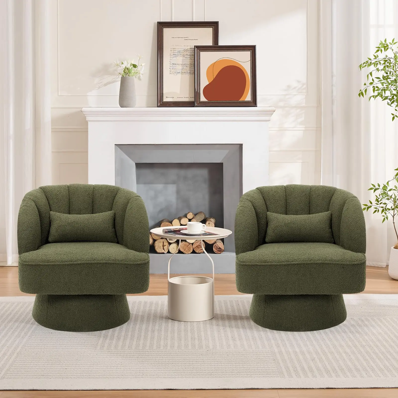 Garvee Swivel Barrel Chair - Teddy Bear Velvet Upholstered Modern Armchair with Striped Backrest & Plush Padding, Round Lounge Chair for Living Room, Bedroom, Small Spaces, Green - (2 Pcs)