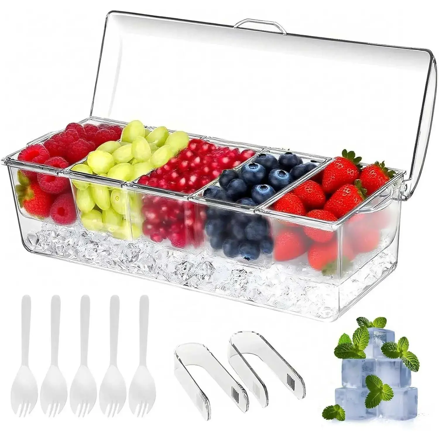 Clear Acrylic Condiment Organizer with Lid | 5 Removable Compartments Chilled Serving Tray for Toppings, Fruit, Salad, Cocktail Garnishes, Bar Accessories, Party Food Prep & Kitchen Storage
