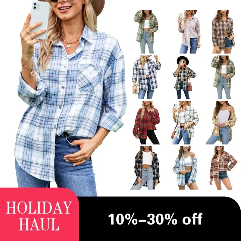 Lumister women's Oversized comfortable Flannel Shirt Women  Plaid Button Buffalo Shirt Blouse Tops Womenswear Underwear Lady Comfort Casual shirt Collar Collared Longsleeves BlackFriday Gift(gift) Soft Loose