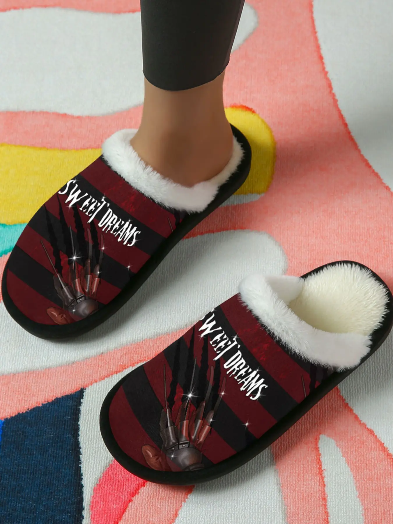 Winter Warm Slippers 1 Pair | Halloween Horror Style | Soft Fleece Lined, Anti-Slip Quiet Sole | Unisex Indoor Home Slippers