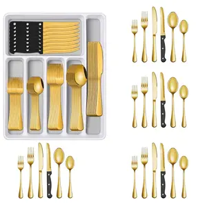 48pcs  Gold Silverware Set With Organizer  Service For 8,  Stainless Steel Flatware Set, Modern Mirror Polished Dining Kitchen Accessories, Home Kitchen Party Eating Tableware Cutlery Set, Utensils sets Include Fork, Knife, Dessert Spoon Set, Dishwasher