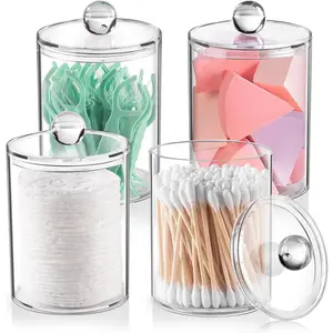 4 Pack Clear Qtip Holder Bathroom Vanity Organizers with Lids & 4 Labels for Cotton Balls Swabs Pads Floss Accessories in Clear Apothecary Jar Set - Restroom Supplies