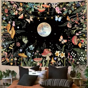 Moonlight Garden Tapestry, featuring a mysterious full moon and floral wall decorations, with mushrooms and butterflies adorning the black background.Suitable for bedroom, dormitory, and living room decoration.