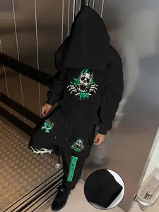 New Men's Dark High Street Skull Set, Flame Letter Skull Vintage Print Hoodie + Comfortable Trendy Sweatpants, Ideal Casual, Casual Outfit Set