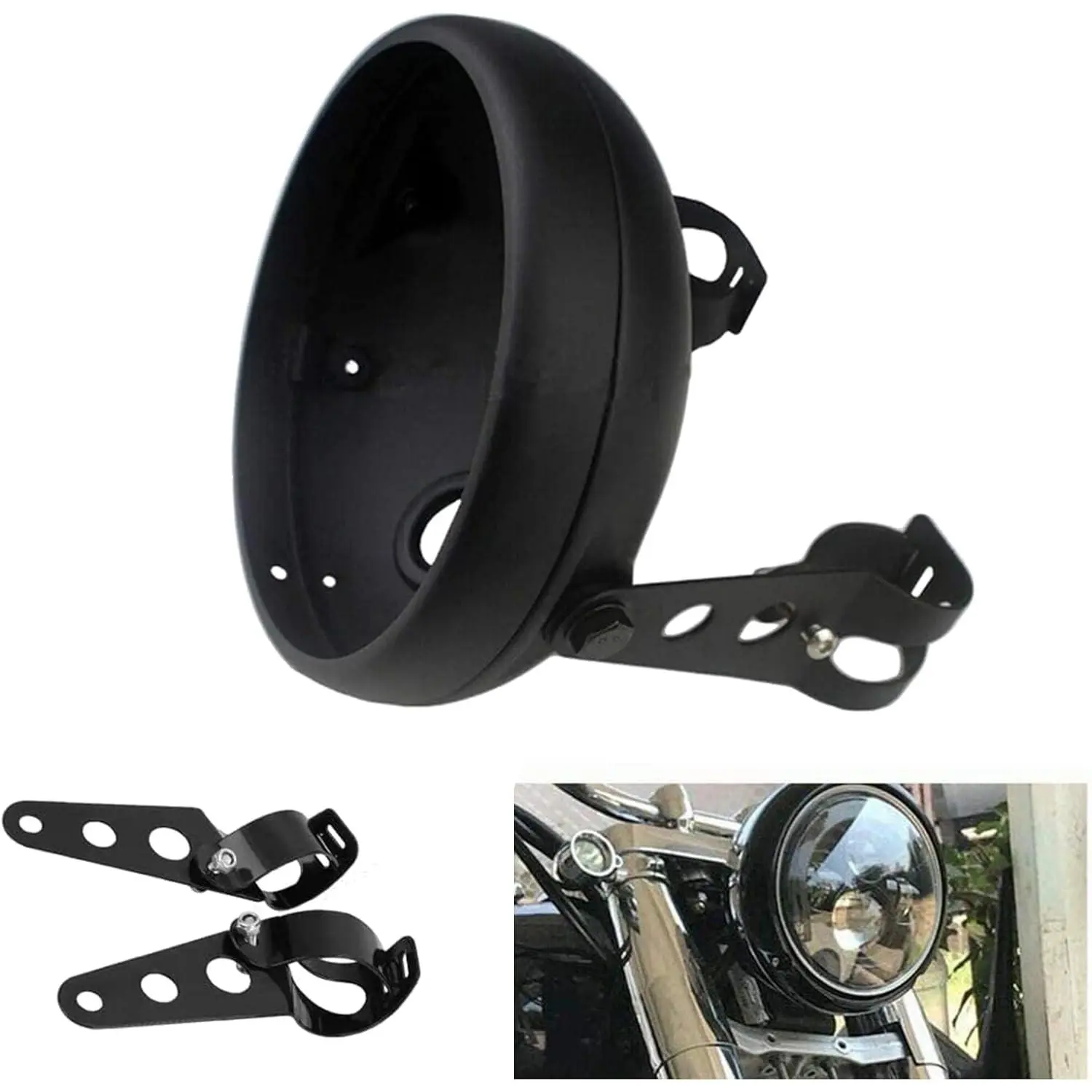 7 Inch Motorcycle Headlight Housing Bucket Assembly - Matte Black LED Headlamp Seal-Beam Shell Bracket with Secure Mounting, Adjustable Clamps for Motorbikes with 38-51mm Fork Tubes (Harley, Aprilia)