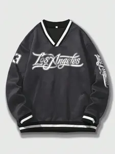 Men's Letter & Number Print Drop Shoulder V Neck Sweatshirt, Loose Street Casual Striped Trim Long Sleeve Pullover for Fall & Winter, Men's Clothes for Daily Wear Tops