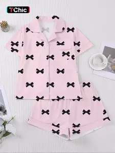 【Valentine's DayWomen's Valentine's Day Sleepwear Set, Cute Bow Design, Comfortable Lapel Top & Wide Leg Shorts, Casual Home Wear, All Seasons
