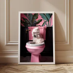 White Cat on Toilet Wall Art Funny Bathroom Decor Poster Animal Painting Exotic Maximalist Tropical Flower Cat Portrait Pink Background