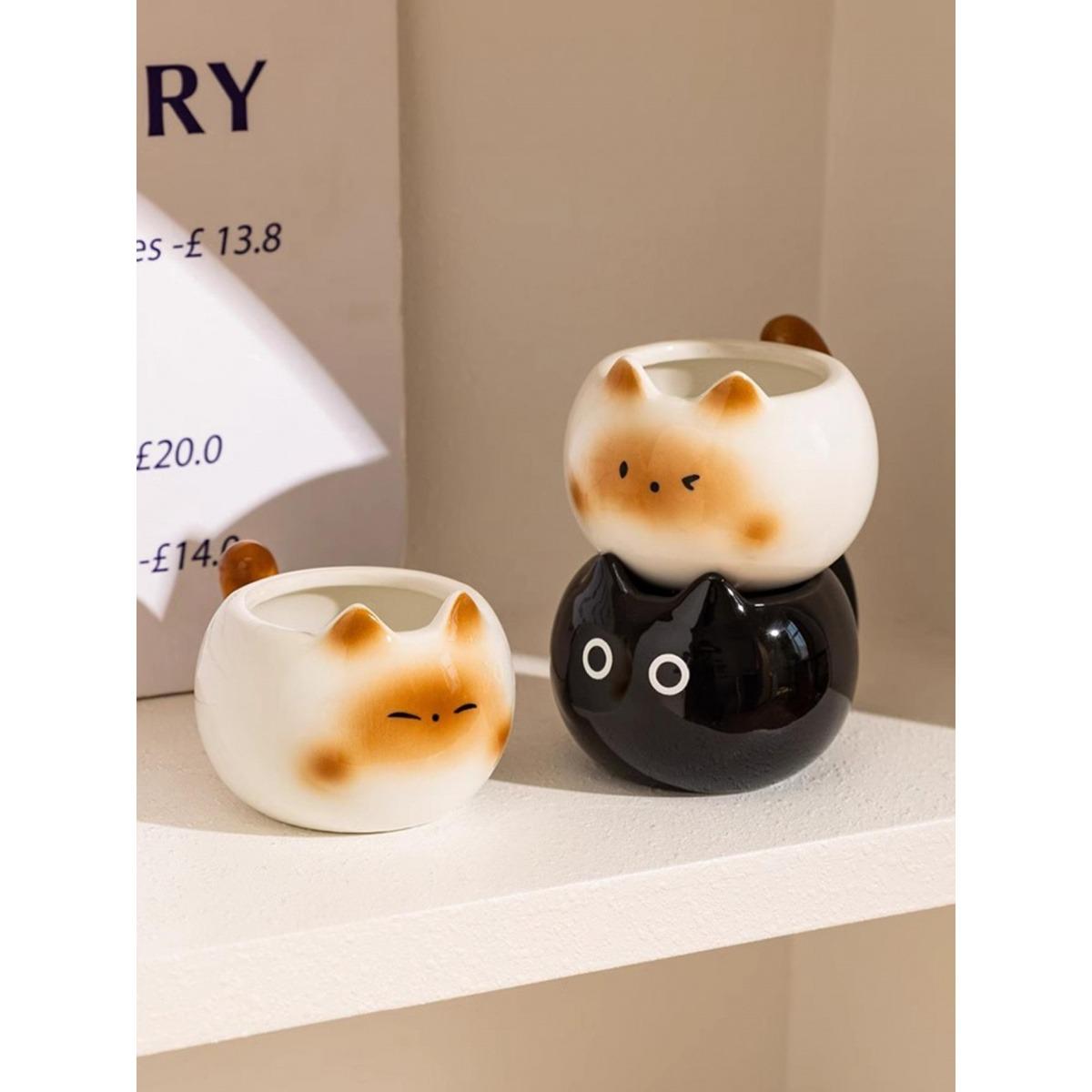 Free shipping3pc Cute Siamese Cat Coffee Cup, Creative Adorable Kitty Mug, High-Quality Elegant Cup, Perfect for Cafes, Office, Living Room, Bedroom, Tea Time Gift, Coffee Cups Gift