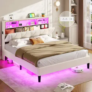 ADORNEVE Queen Size Bed Frame with Storage Headboard & LED Lights, Led Bed Frame Queen Size with Charging Station, Velvet Upholstered Platform Bed with Shelf Headboard, Solid Wood Slats