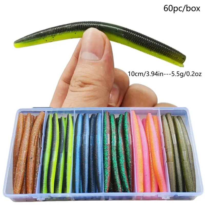 Senko Worm Fishing Lures Set, Fishing Tackle, Fishing Supplies, 60pcs Soft Plastic Bait, 10cm 5.5g, Freshwater Saltwater, Effective for Bass Trout, High Quality, Fishing Lures Kit