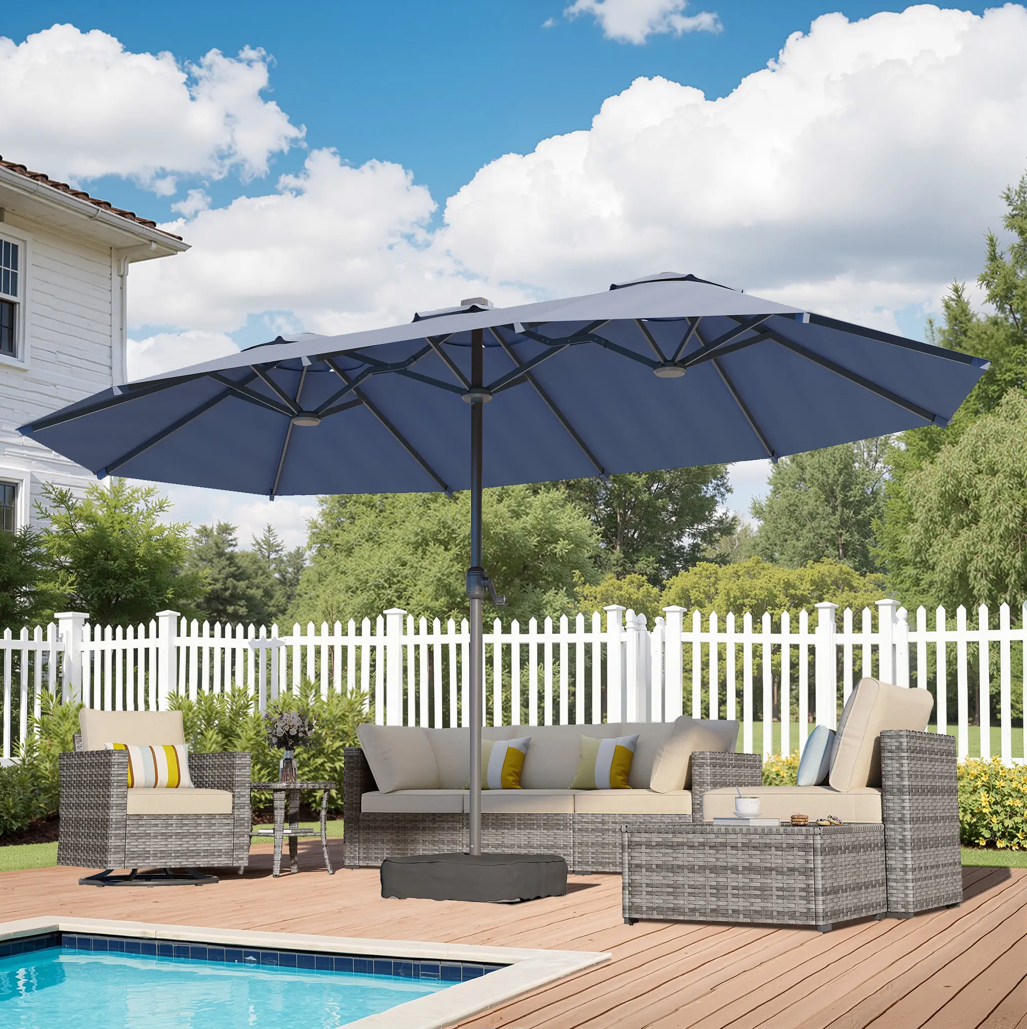 XIZZI 15ft Large Patio Umbrella with Solar Lights and Rectangle Base Including Sand Bag for Fixation, Adjustable Canopy, Double-Sided Outdoor Market Umbrella Suitable for Party and Barbecue in the Backyard and Garden or near the Pools