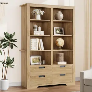 72 inTall Bookshelf with 4 Drawers Farmhouse 6 Tier Double Wide Bookshelves and Bookcases with Storage Freestanding Bookshelf Large Open Book Shelf for Home Offices and Living Rooms-Brown
