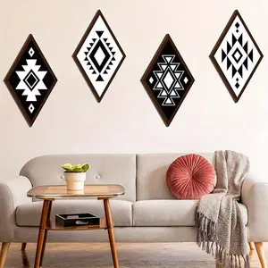 Wooden Aztec Diamond Pattern Hanging Ornament, 4 Counts/set Boho Style Wall Decor, Wall Hanging Decor for Home Living Room Bedroom, Hangable, Geometric Designs