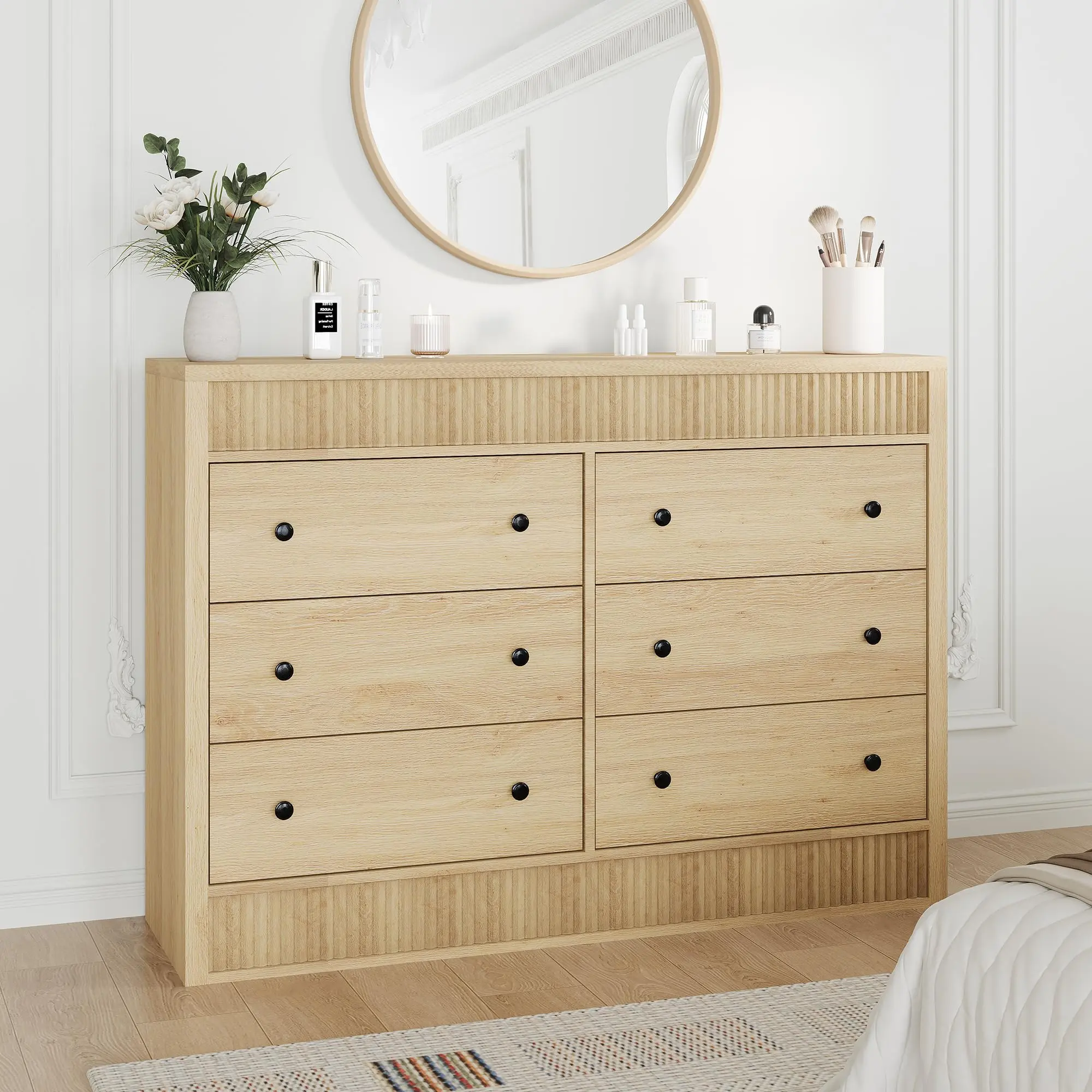 Garvee 6 Drawer Dresser for Bedroom, Wooden Fluted Chest of Drawers, Modern Oak Storage Organizer for Living Room, Hallway, Entryway, Natural Oak