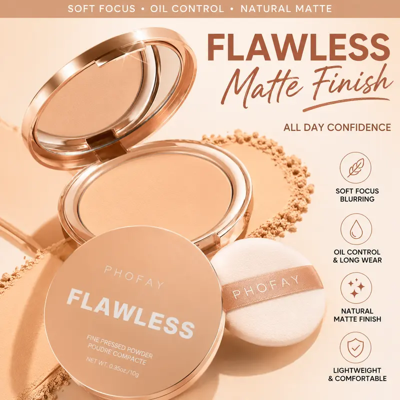 PHOFAY Silky Soft Lightweight Pressed Finishing Powder - Pore-Minimizing Blurring Compact, Oil Control, Sheer to Soft Finish, Long-Lasting for All Skin, Everyday Face Makeup Setting & Touch-Ups