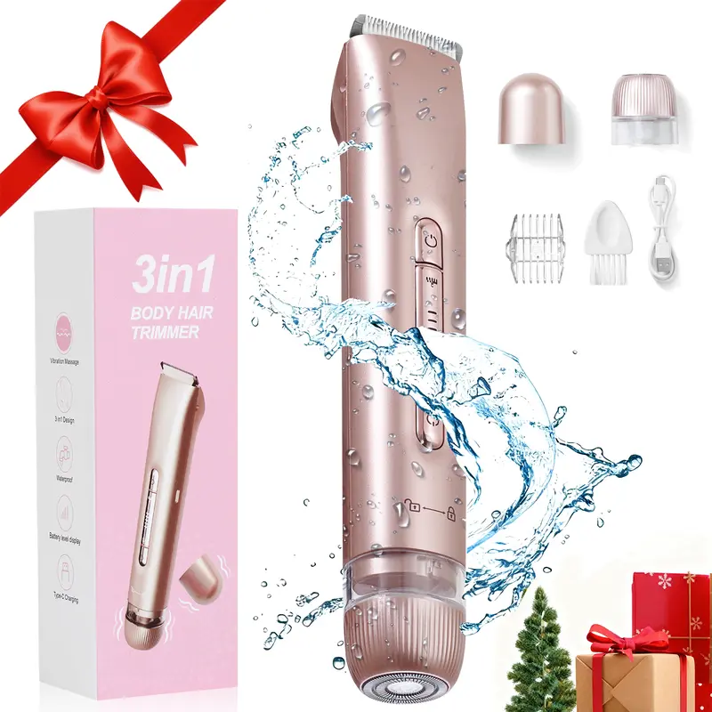 Women's 3-Way Intimate Pubic Trimmer - Rechargeable IPX7 Waterproof Portable Hair Trimmer, Compact Wet-Dry Bikini Line Grooming Tool with Dual Head Design & Massage Head