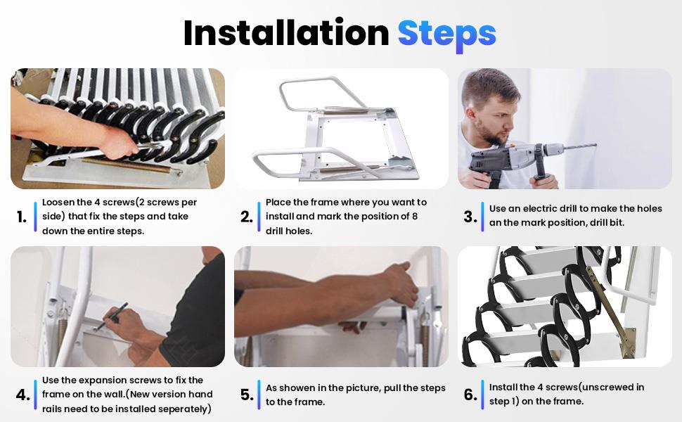 Wall-Mounted Attic Ladder, Robust 12-Step Retractable Stairs with Handrails, 118 in Height, 1102 lbs Capacity, Sturdy Wide Pedals, Black Electrostatic Spraying, Comfortable Use Experience for Various Floors, Contact Through Amazon
