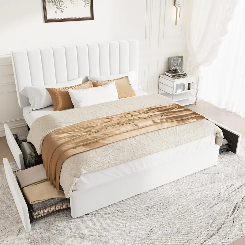 HOOMIC Platform Bed Frame with 4 Storage Drawers and Upholstered Headboard,Modern Bed with Horizontal/Vertical Stripes,No Box Spring Needed,Full/Queen/King Size,White/Grey/Black,