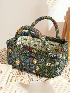 Large Capacity Textile Storage Basket, Quilted Floral Design, Home Organizer, Laundry Basket with Handle, Food Storage, Small Apartment Use, Cozy Basket, Floral Pattern Basket