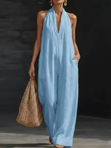 Women's Summer Beach Vacation Romper Set, Halter Sleeveless Wide Leg Pants, Breathable Casual Travel, European and American Style